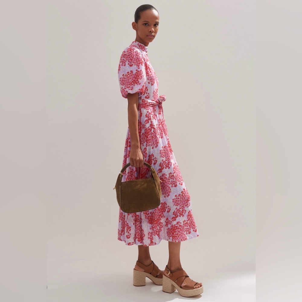 ME+EM 2 Layered Violets Print Midi Dress EUC Belt Lined Floral Fit Flare - Picture 2 of 16